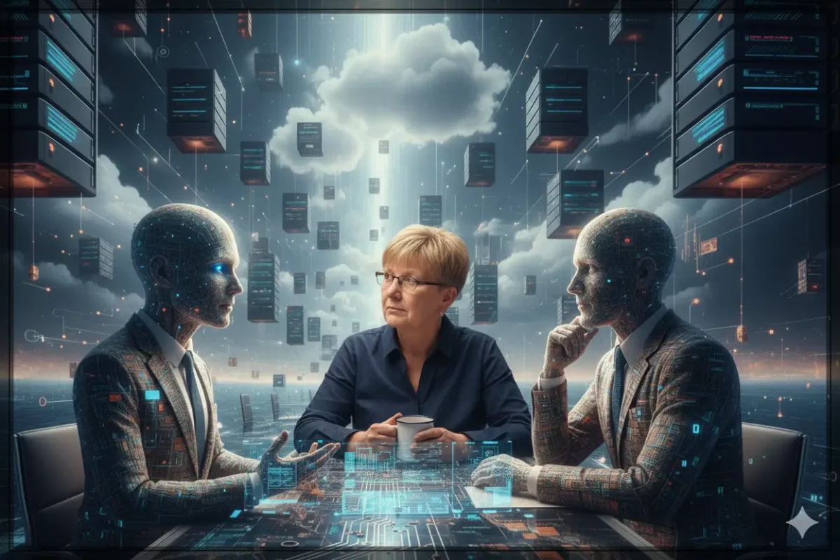 Petra sitzt mit einer Kaffeetasse an einem digitalen Tisch zwischen zwei humanoiden KIs in Anzügen. Im Hintergrund schweben Server in einer surrealen Cloud-Landschaft. Die Szene zeigt ein Gespräch zwischen Mensch und Maschine.