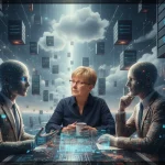 Petra sitzt mit einer Kaffeetasse an einem digitalen Tisch zwischen zwei humanoiden KIs in Anzügen. Im Hintergrund schweben Server in einer surrealen Cloud-Landschaft. Die Szene zeigt ein Gespräch zwischen Mensch und Maschine.