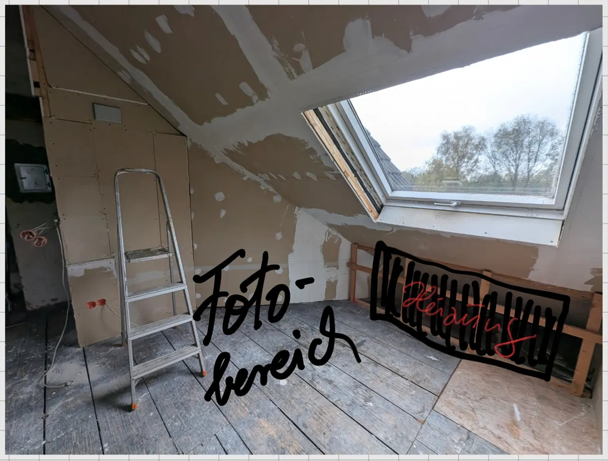 Der geplante Fotobereich ist auf der Wand neben dem Fenster eingezeichnet. Hier sollen Lightpainting, Stillleben und kreative Fotoideen umgesetzt werden.