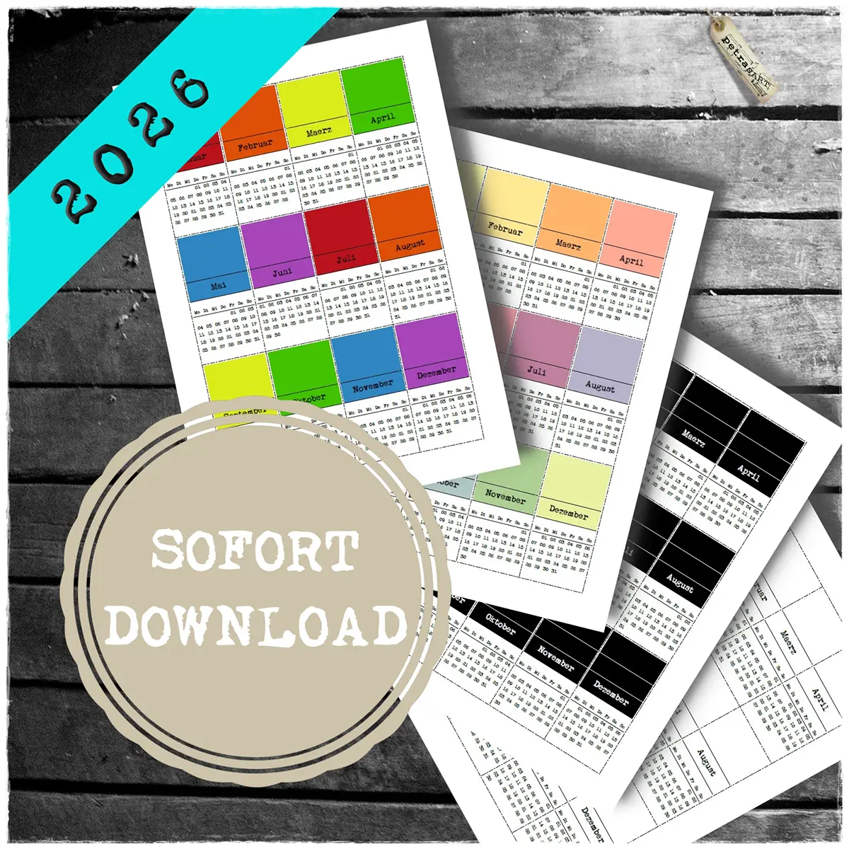 Vorschau auf verschiedene Kalenderdesigns für 2026 zum Ausdrucken – farbig, pastellig und schwarz-weiß – mit Hinweis auf Sofort-Download.