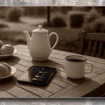 Ein Holztisch im Garten mit Frühstücksgeschirr, Petras weisser Emailletasse und einem Tablet, auf dem feedly zu erkennen ist.