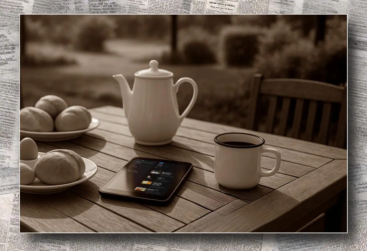 Ein Holztisch im Garten mit Frühstücksgeschirr, Petras weisser Emailletasse und einem Tablet, auf dem feedly zu erkennen ist.