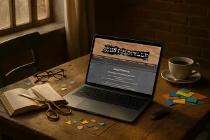 Laptop mit geöffneter Startseite von petrasart.de auf einem Holztisch, daneben Schere, Buch, Brille, Papierschnipsel und Kaffeetasse im Sonnenlicht.