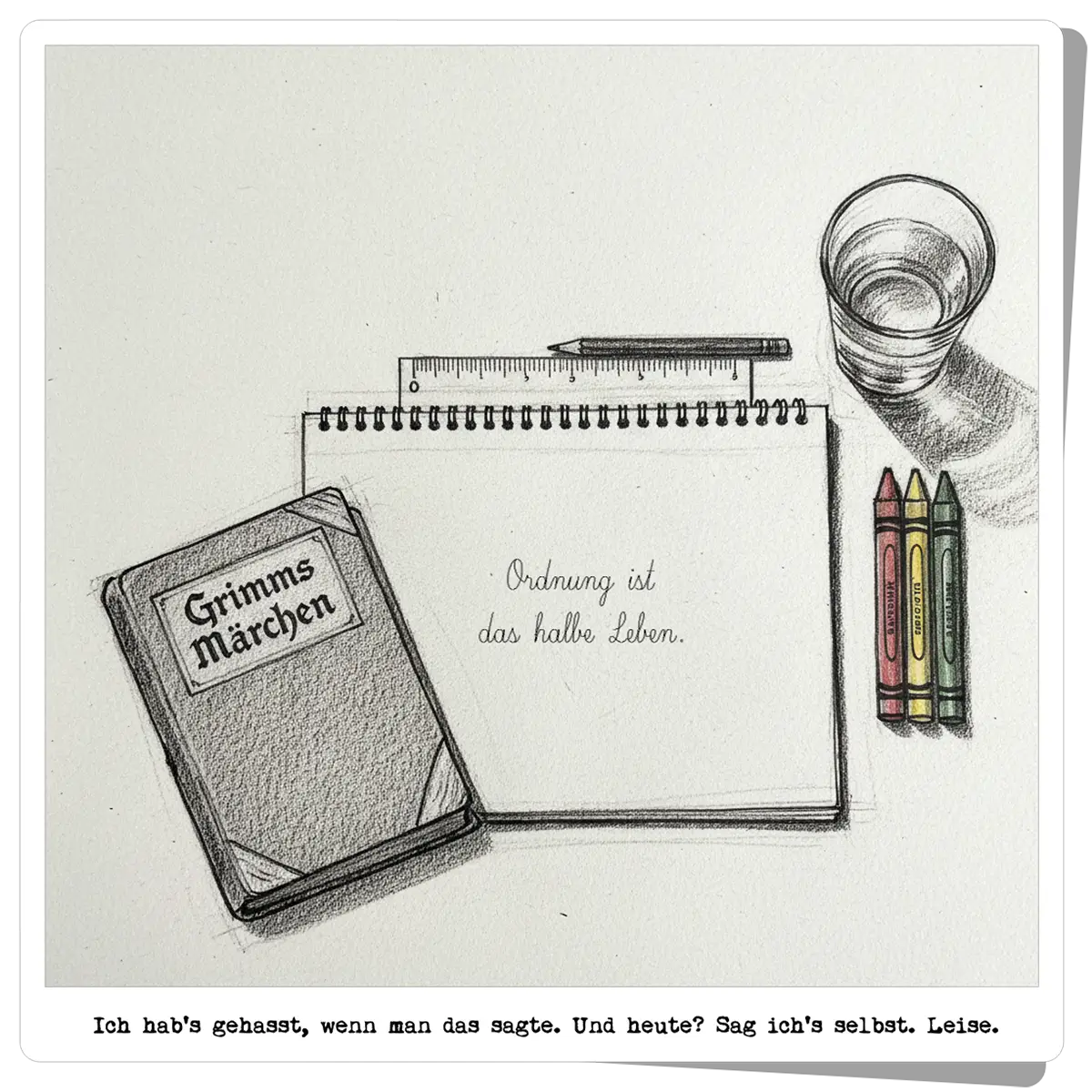 Skizzenhafte Bleistiftzeichnung mit farbigen Wachsmalstiften: In der Mitte ein offener Malblock mit der handschriftlichen Aufschrift „Ordnung ist das halbe Leben.“ Daneben liegen ein Lineal, ein Bleistift, ein Glas Wasser, ein Märchenbuch und drei Wachsmalstifte. Darunter steht in Schreibmaschinen-Schrift: „Ich hab’s gehasst, wenn man das sagte. Und heute? Sag ich’s selbst. Leise."