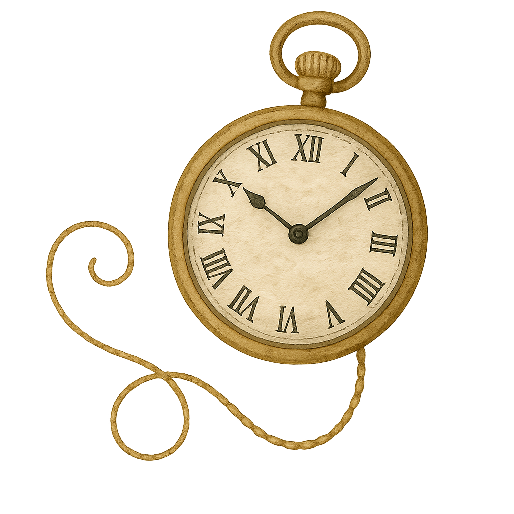 Aquarellillustration einer antiken goldenen Taschenuhr mit römischen Ziffern. Die Uhr zeigt 10:09 Uhr. Eine filigrane, goldene Kette schlängelt sich dekorativ und schwungvoll um die Uhr. Warme Braun- und Beigetöne bestimmen das Bild, der Hintergrund ist dezent golden schattiert.
